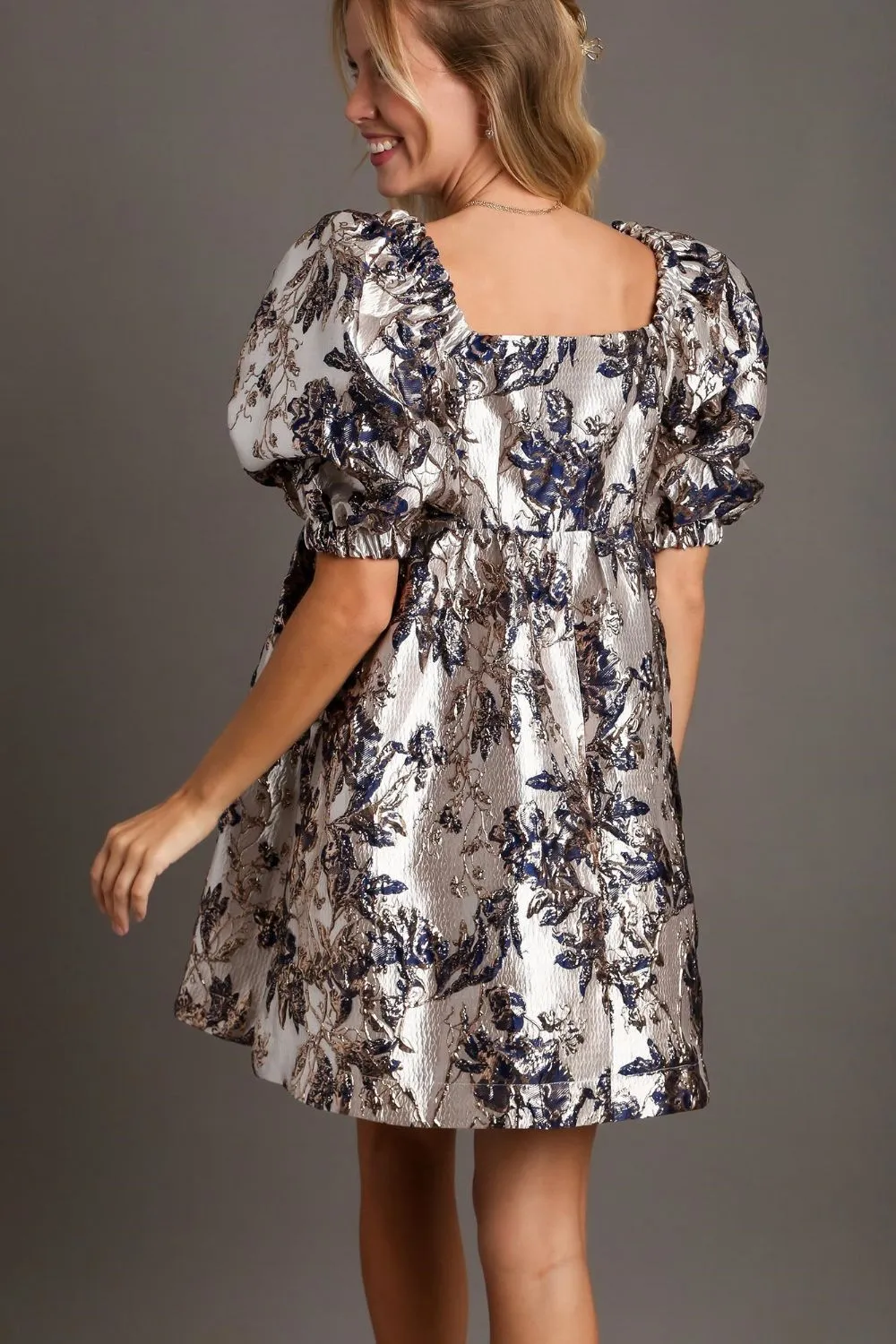 72! Umgee Metallic Jacquard Puff Sleeve Dress