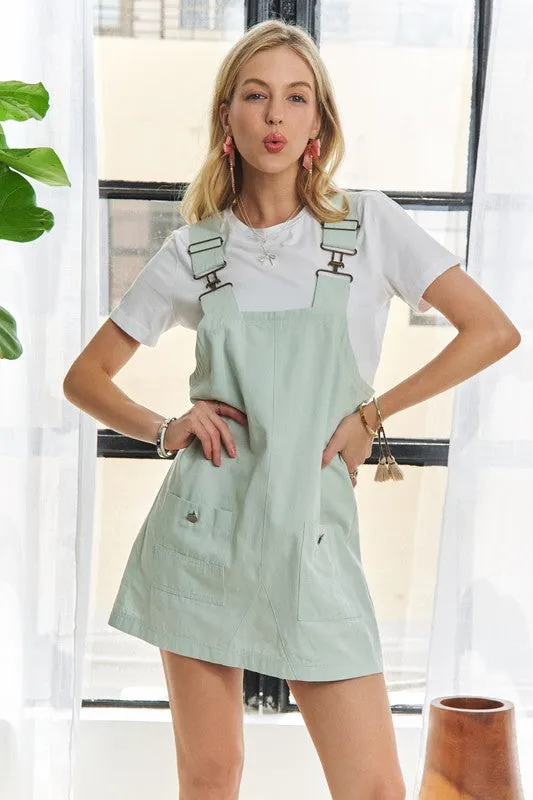 ADORA 100% Cotton Wide Straps Square Neck Overall Mini Dress (Gum Leaf)