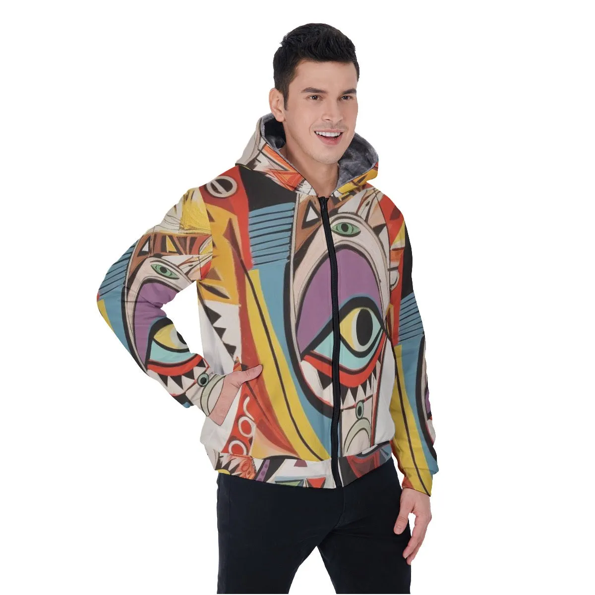 All-Over Print Men's Sherpa Fleece Zip Up Hoodie, abstract eyes print, #25ZZ