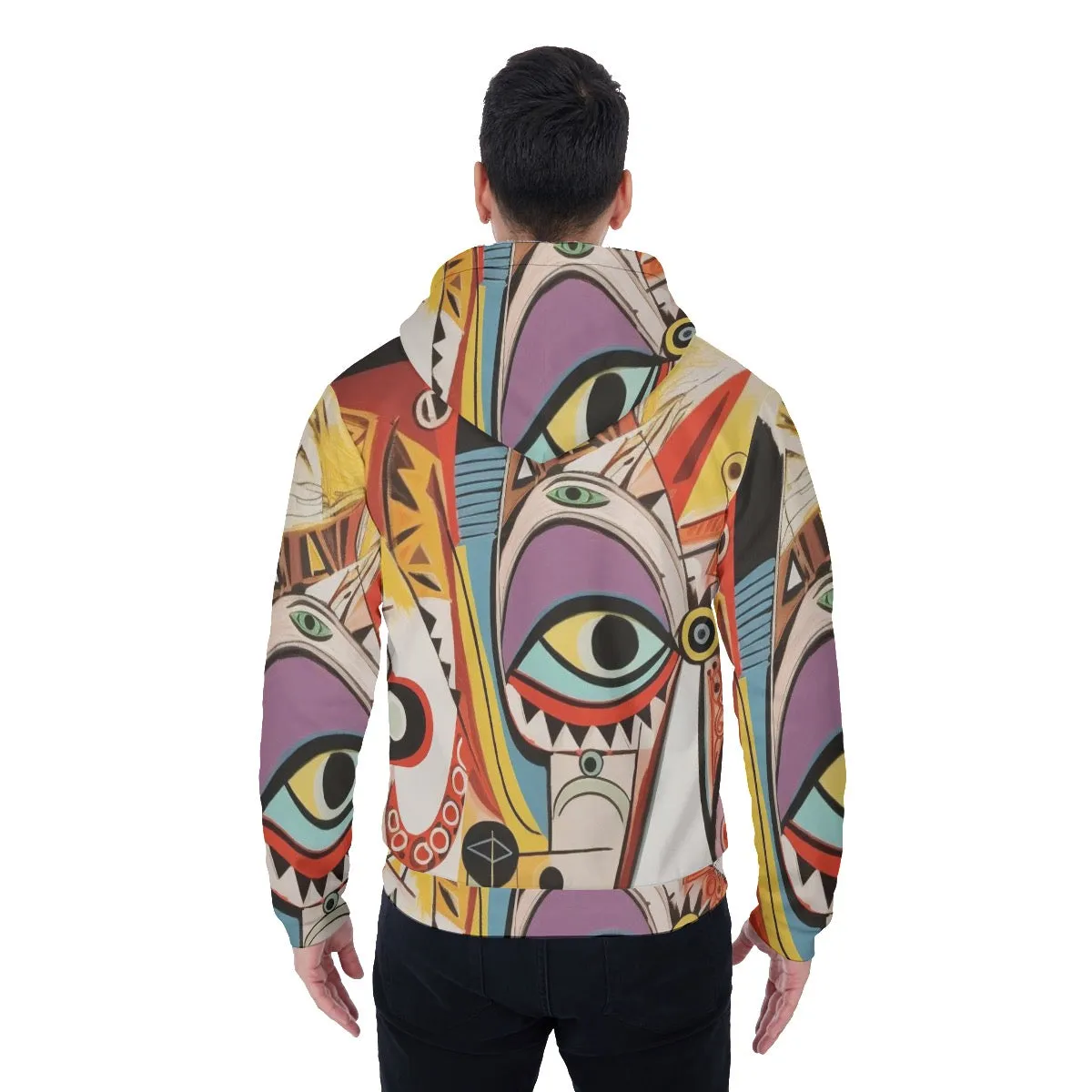 All-Over Print Men's Sherpa Fleece Zip Up Hoodie, abstract eyes print, #25ZZ