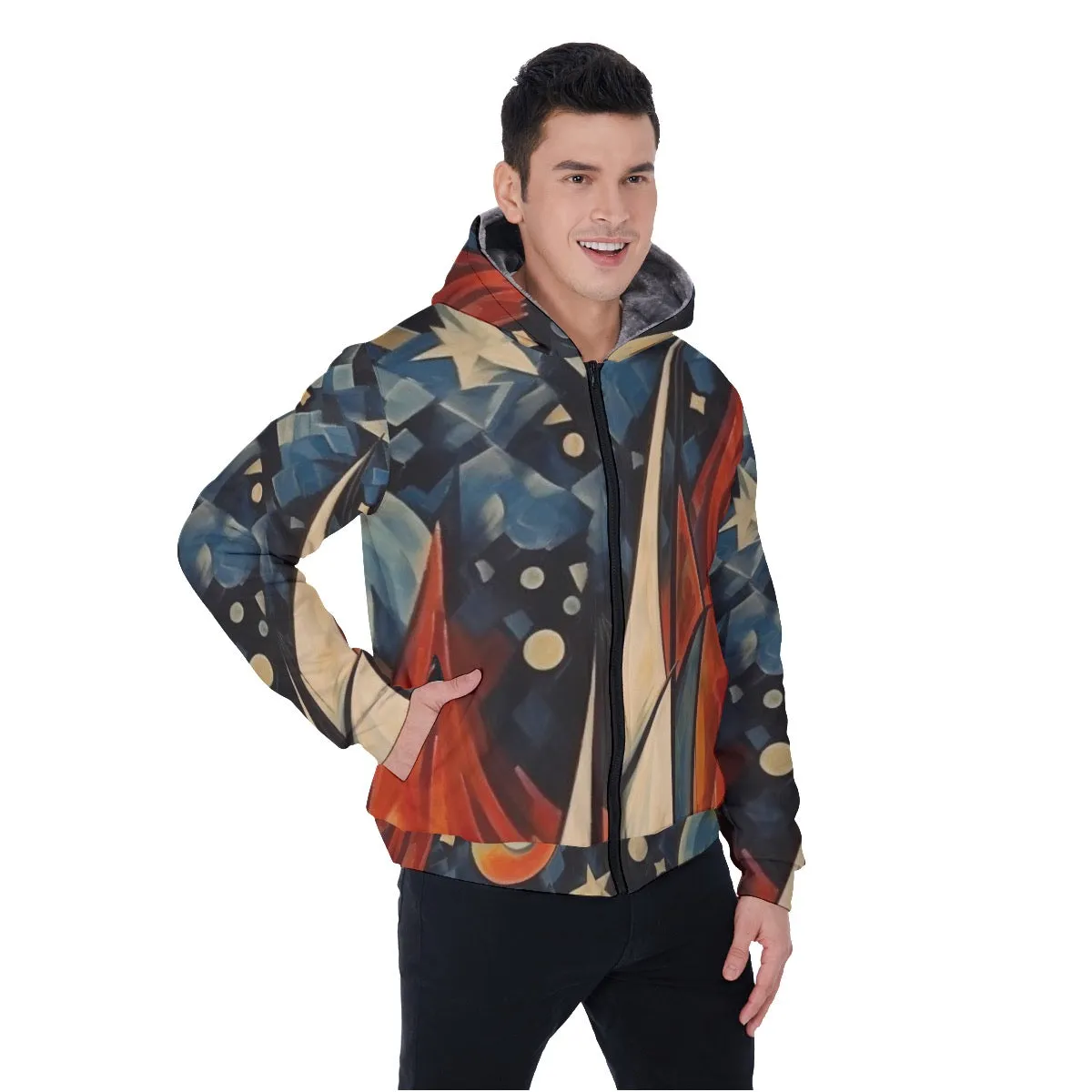 All-Over Print Men's Sherpa Fleece Zip Up Hoodie, abstract, sailboat, #20o