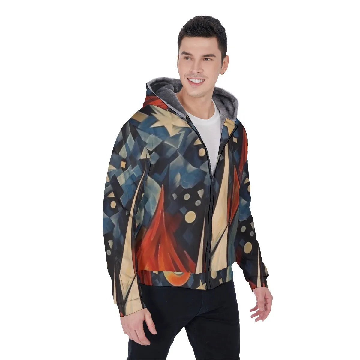 All-Over Print Men's Sherpa Fleece Zip Up Hoodie, abstract, sailboat, #20o