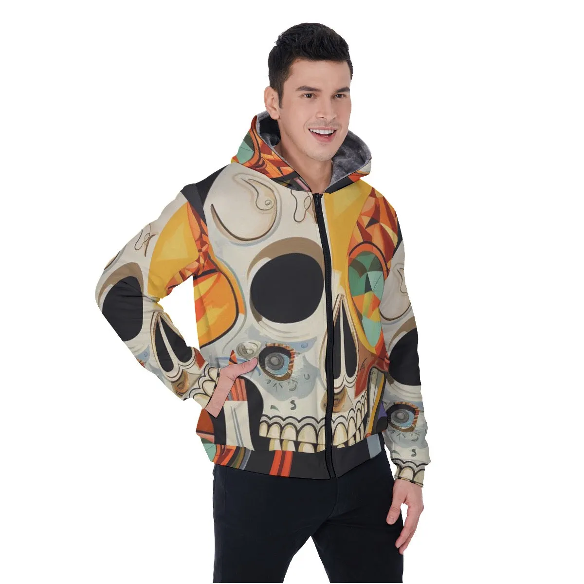 All-Over Print Men's Sherpa Fleece Zip Up Hoodie, skull, themed, print, #25NN