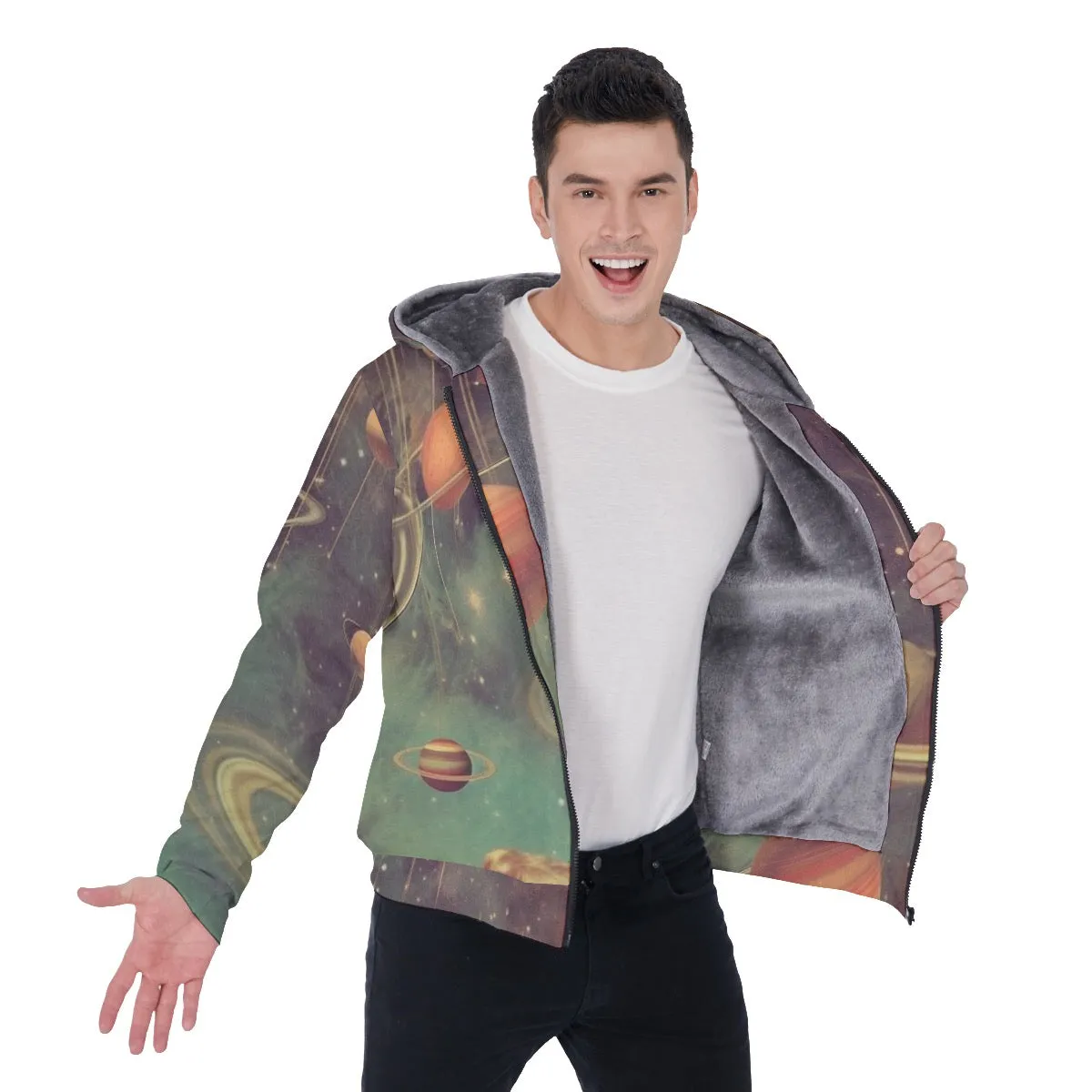 All-Over Print Men's Sherpa Fleece Zip Up Hoodie, space themed, print, #25ii