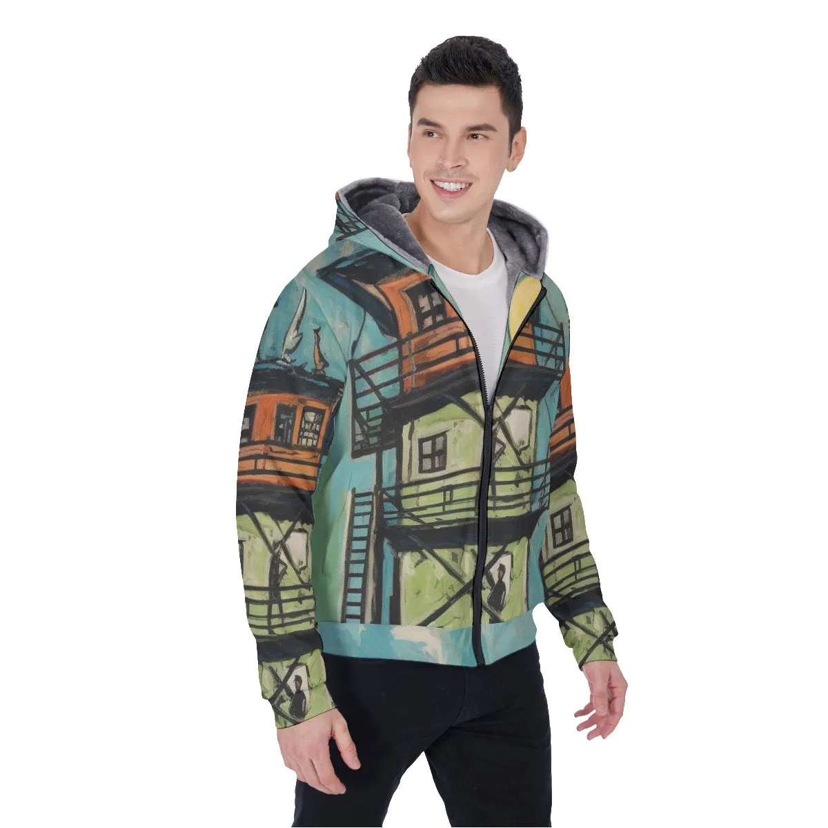 All-Over Print Men's Sherpa Fleece Zip Up Hoodie, watchtower, print, #25uu