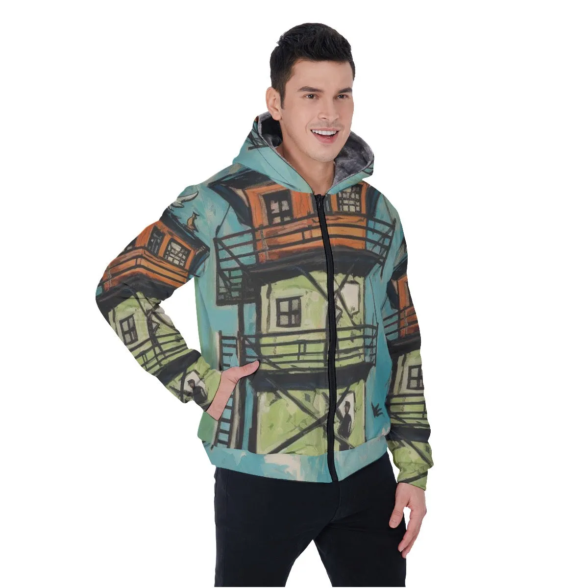 All-Over Print Men's Sherpa Fleece Zip Up Hoodie, watchtower, print, #25uu