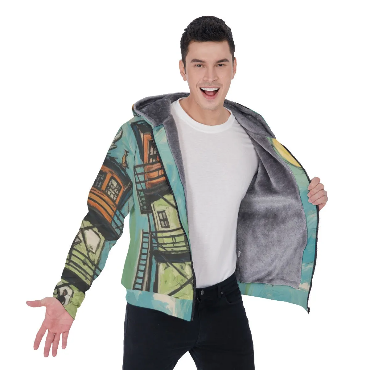 All-Over Print Men's Sherpa Fleece Zip Up Hoodie, watchtower, print, #25uu