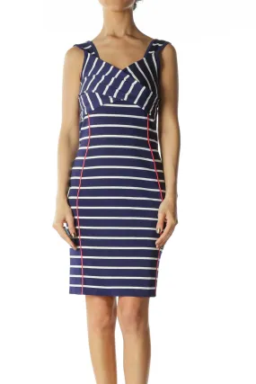 Blue/White/Pink Striped Wrap-Detail Stretch Dress