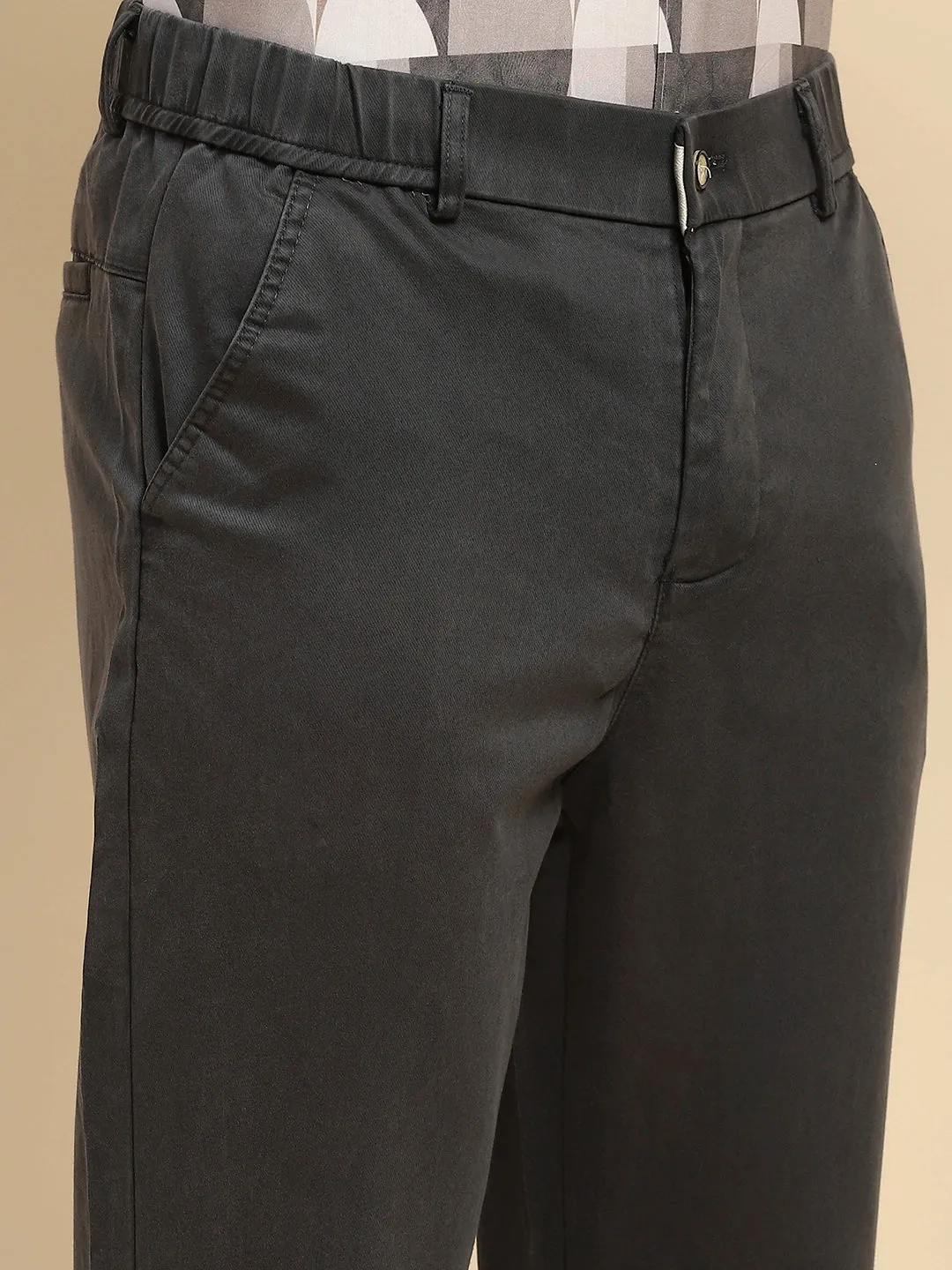 Grey Cotton Blend Slim Fit Trouser For Men