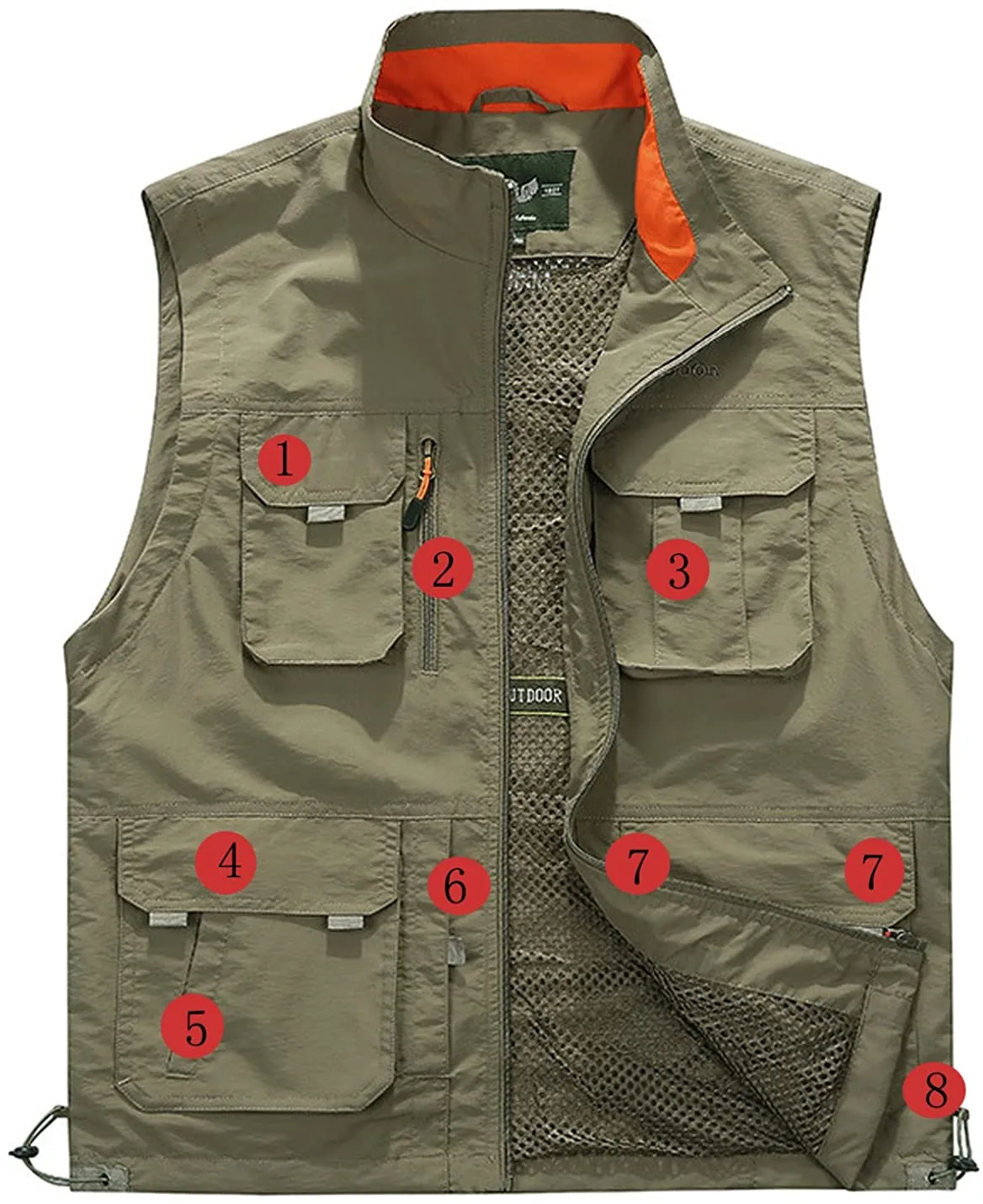 Men's Orange Outdoor Vest Jacket Multi Pockets