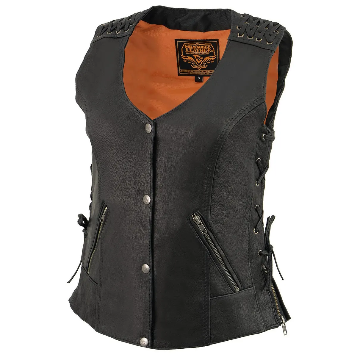 Milwaukee Leather MLL4525 Women's Black Leather Lightweight Lace to Lace Lower Zip Expansion Motorcycle Rider Vest