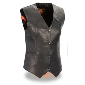 Milwaukee Leather MLL4545 Women's Black Premium Leather Lightweight Classic 4-Snap V-Neck Motorcycle Rider Vest