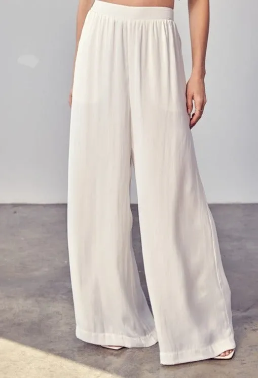 Rosemary Wooven White Flowy Wide Leg Trousers