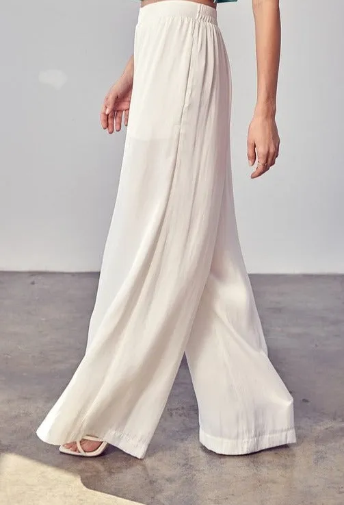 Rosemary Wooven White Flowy Wide Leg Trousers