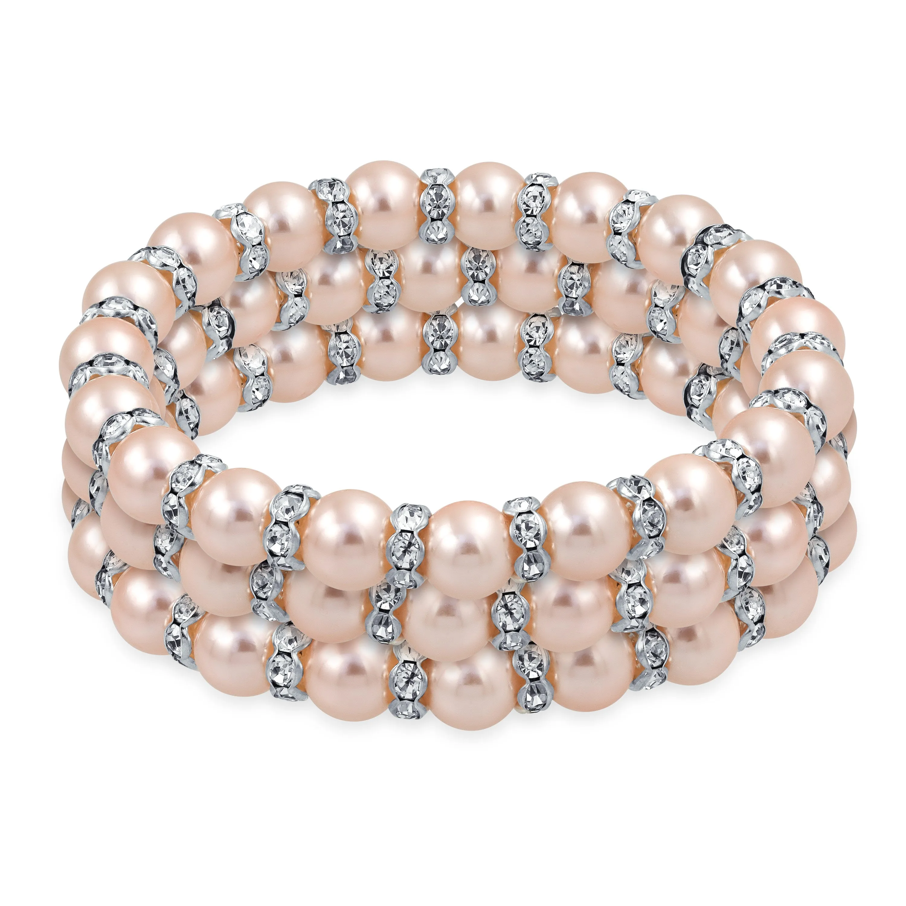 Set of 3 Light Pink Simulated Pearl Stretch Bracelets with Crystal Spacers