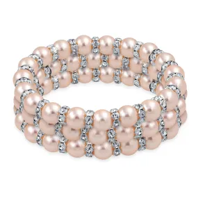 Set of 3 Light Pink Simulated Pearl Stretch Bracelets with Crystal Spacers