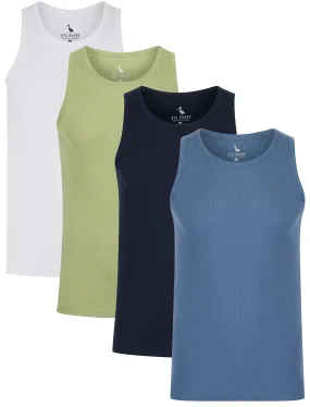 Vine 4 Pack Cotton Ribbed Sleeveless Vest Tops in Seagrass / Blue Horizon / Bright White / Sky Captain Navy - South Shore